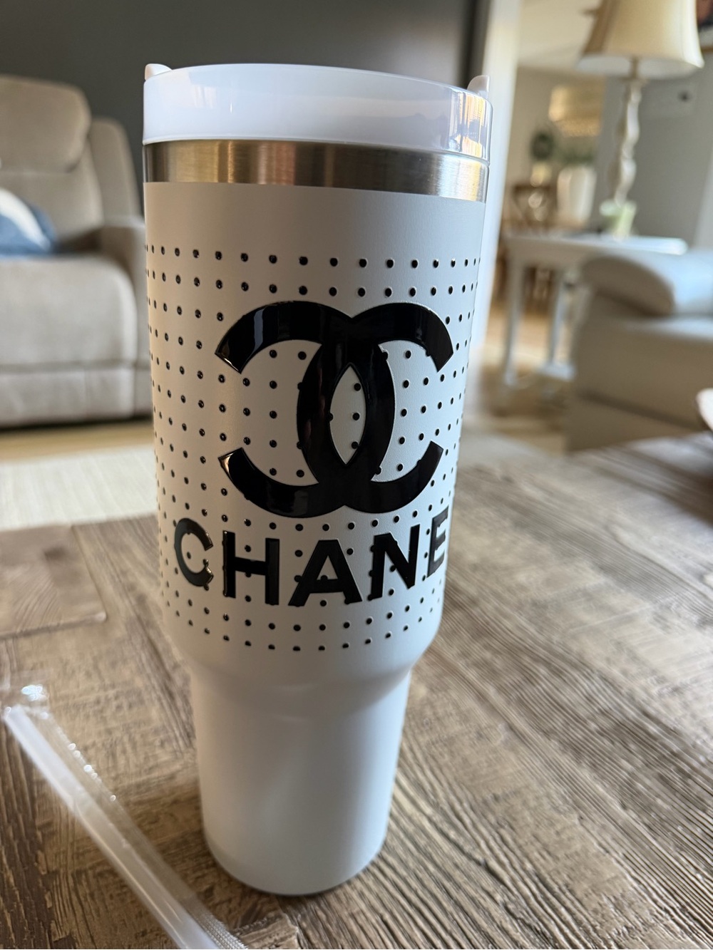 CHANEL White Tumbler with Black Logo Accents / Handmade
